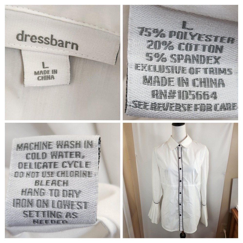Dress Barn Womens Medium White Black Trim Pleated Bell Sleeve Button Down Shirt - Picture 5 of 10